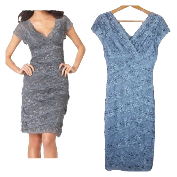 MARINA Dresses & Skirts - Marina Lace Sequin Tiered Silver Blue Dress Size 4